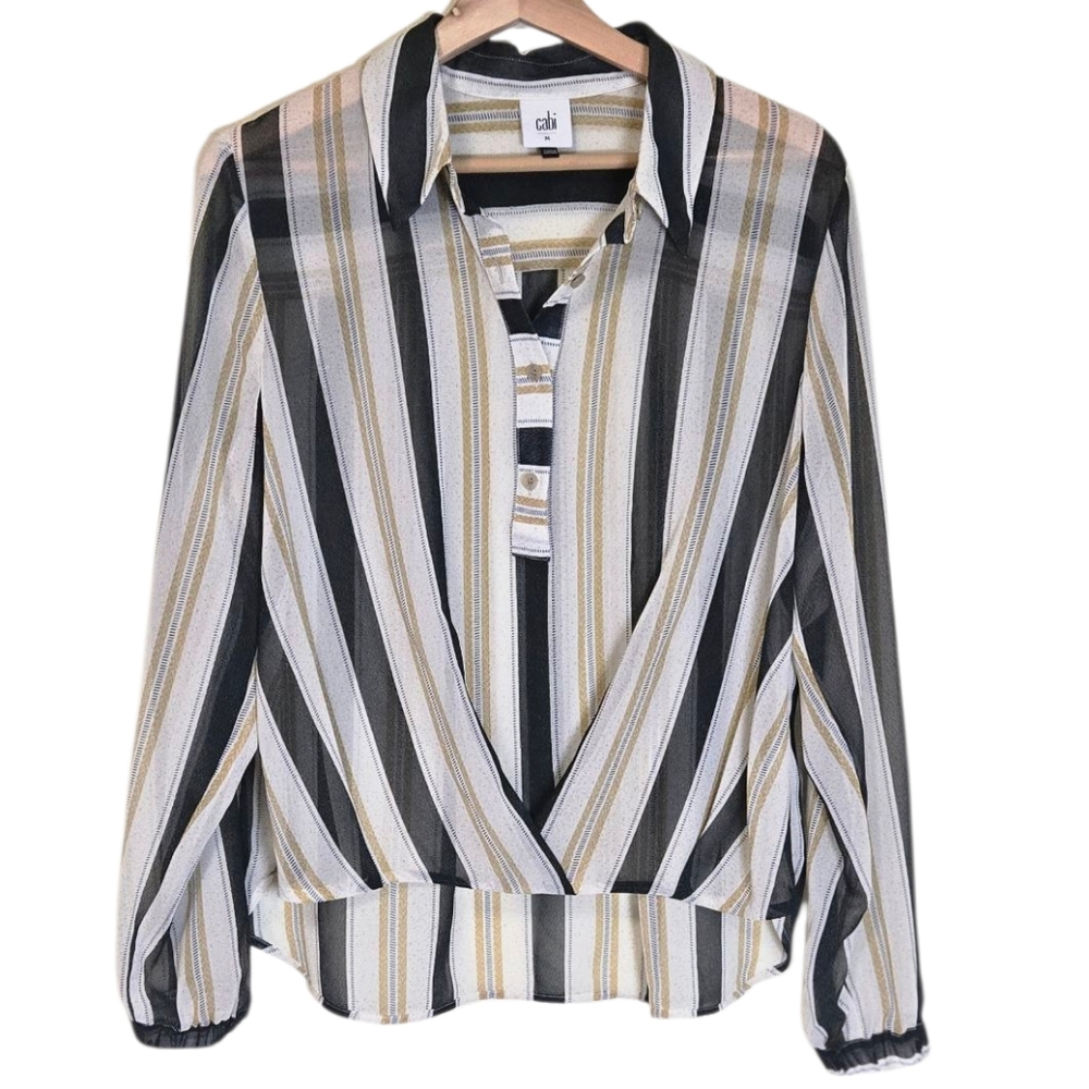 Cabi Striped Wrap Blouse Size M Long Sleeve Sheer Career Top